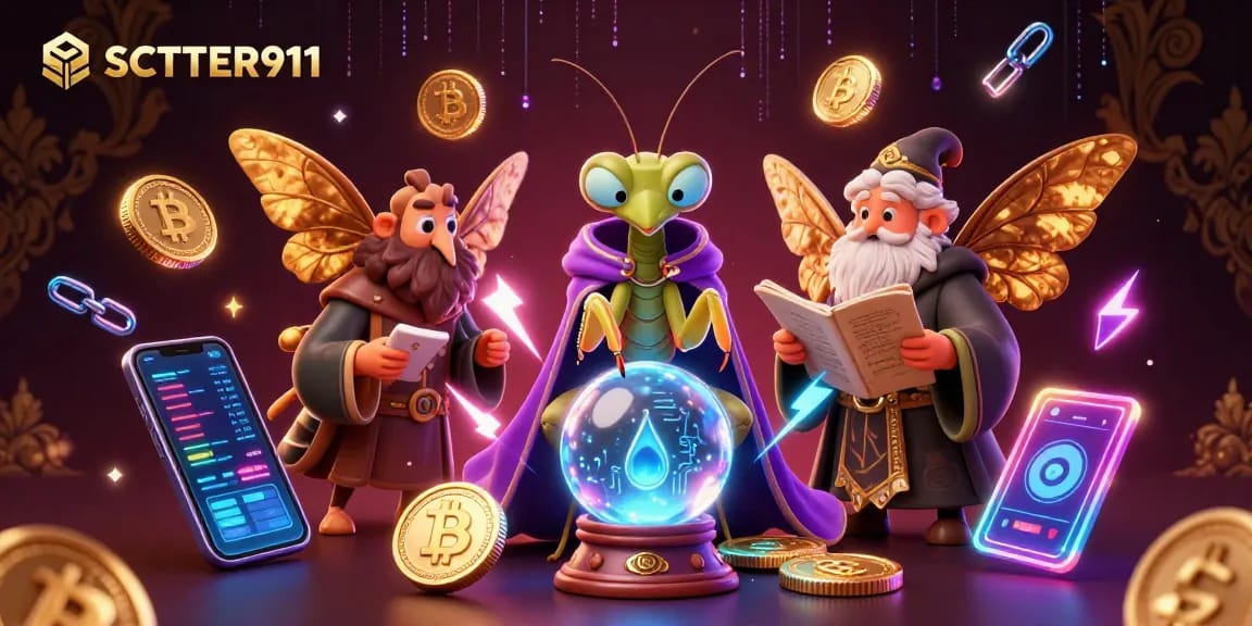 Enhance your SCATTER911 gaming experience with this vibrant 3D illustration of fortune tellers and crypto elements.