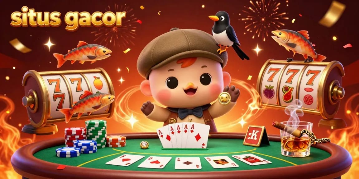 Win big on situs gacor with this lively 3D illustration showcasing Nessie, a playful magpie, and slot symbols.