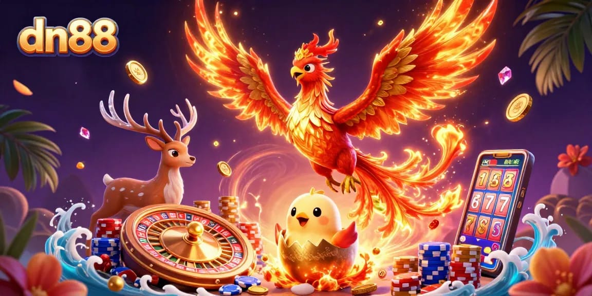 Experience thrilling gameplay with dn88’s vibrant gaming scene featuring a phoenix and rich casino elements.