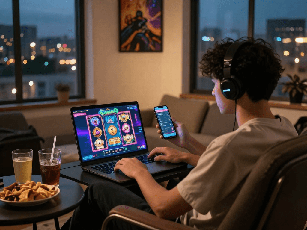 Player enjoying a slot gacor game on a laptop in a cozy lounge, highlighting modern gaming culture.