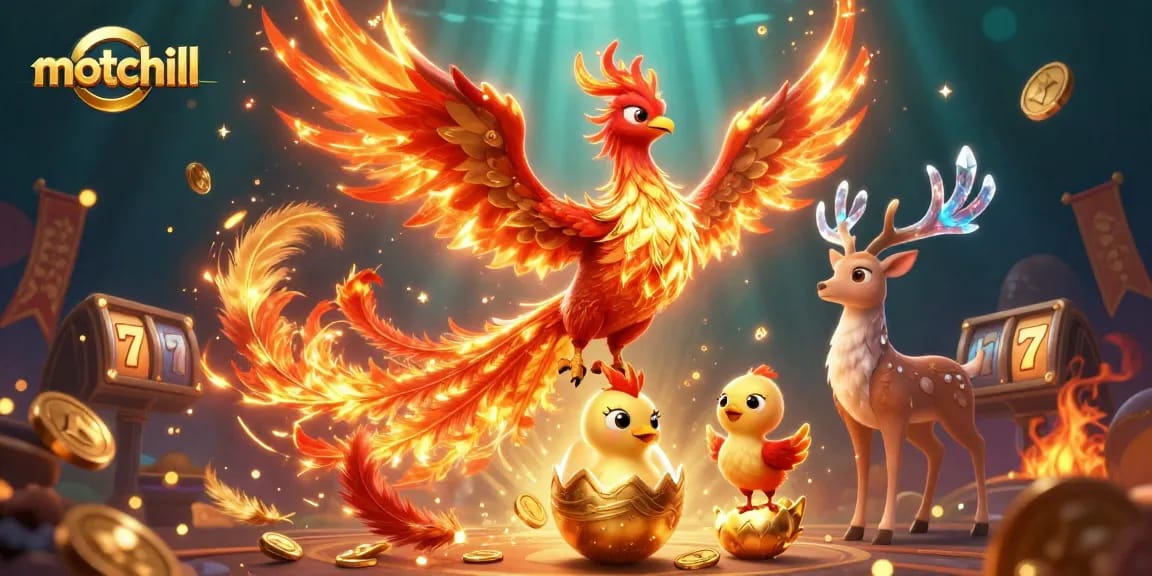 Experience thrilling luck with motchill's vibrant slot reels and dynamic casino scene, featuring a soaring phoenix.