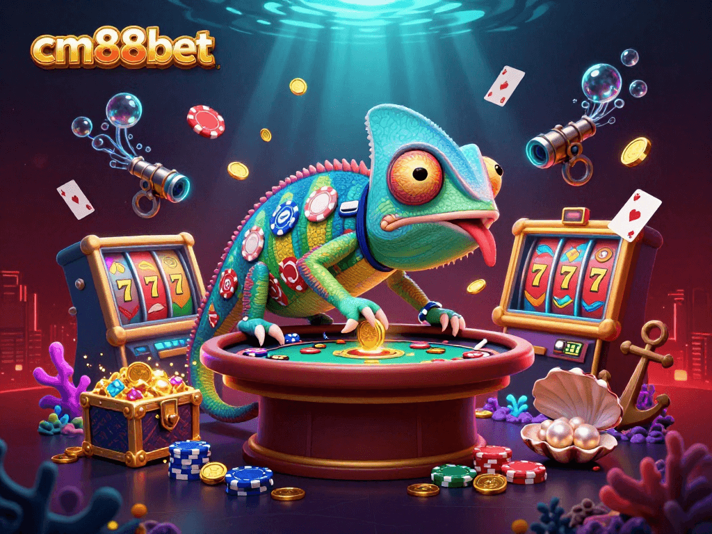 Experience dynamic gameplay at cm88bet, with a colorful chameleon casino owner amid exciting slot reels and treasures.