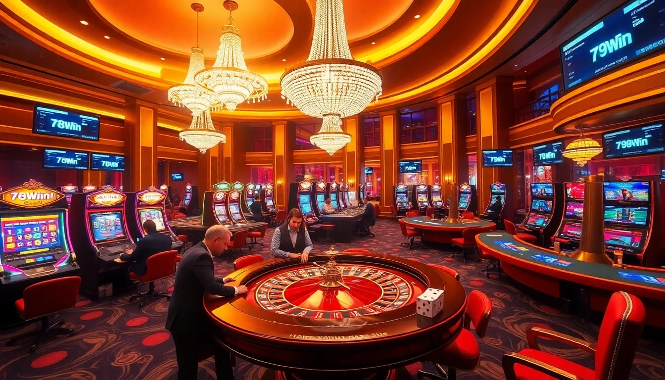 Experience the thrill of 78Win with players at dynamic casino tables surrounded by vibrant gaming elements.