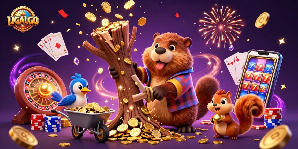 LIGALGO captures the excitement of online gaming, featuring a beaver-iconic scene brimming with coins and vibrant casino elements.
