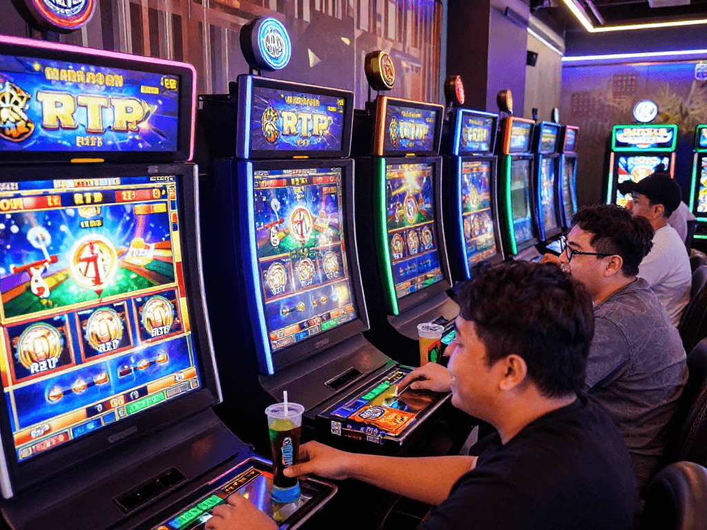 Players enjoying situs slot gacor in a vibrant online gaming setup with engaging slot machines.