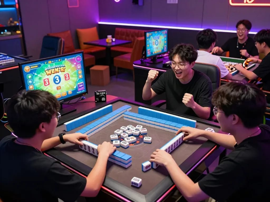 Pemain yang bersemangat menikmati peluang mahjong wins 3 di lounge permainan yang hidup dengan visual yang cerah dan kebersamaan.