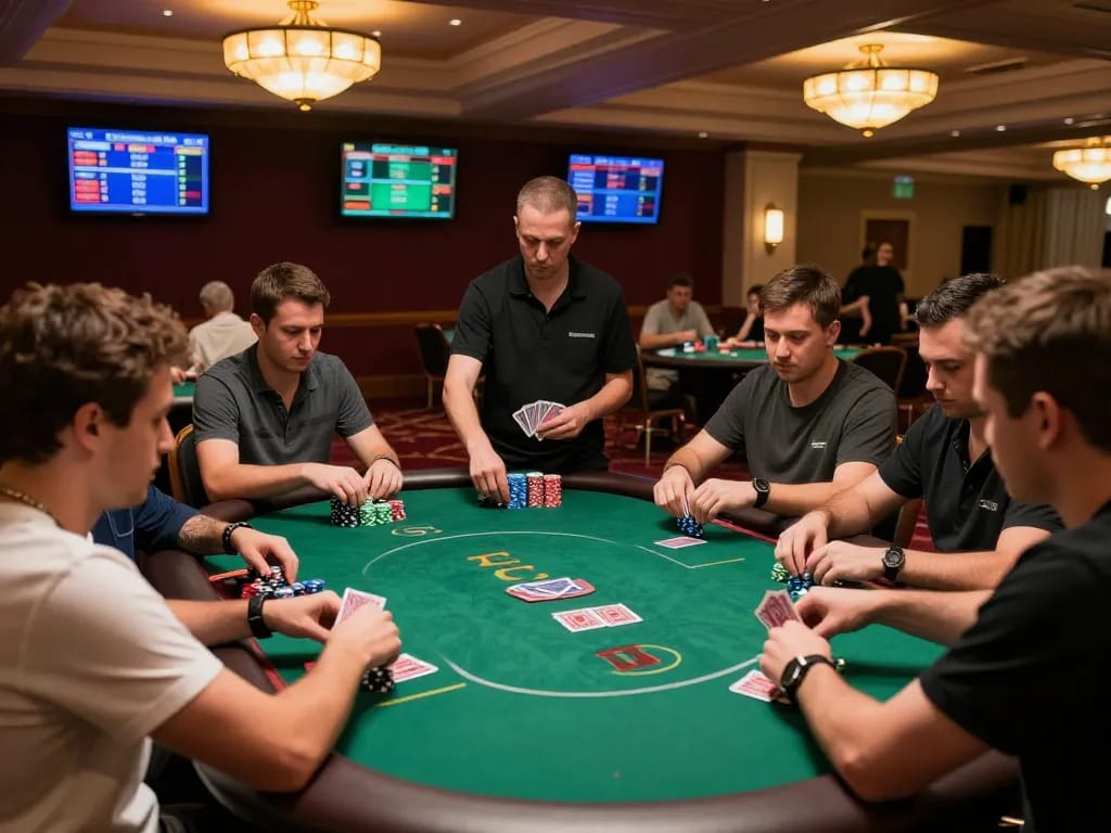 Players engage in strategic poker gameplay at 789club, showcasing excitement and luxury.
