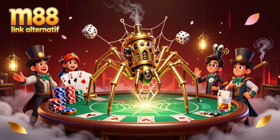 Place bets with m88 link alternatif in a vibrant 3D casino scene featuring poker elements.