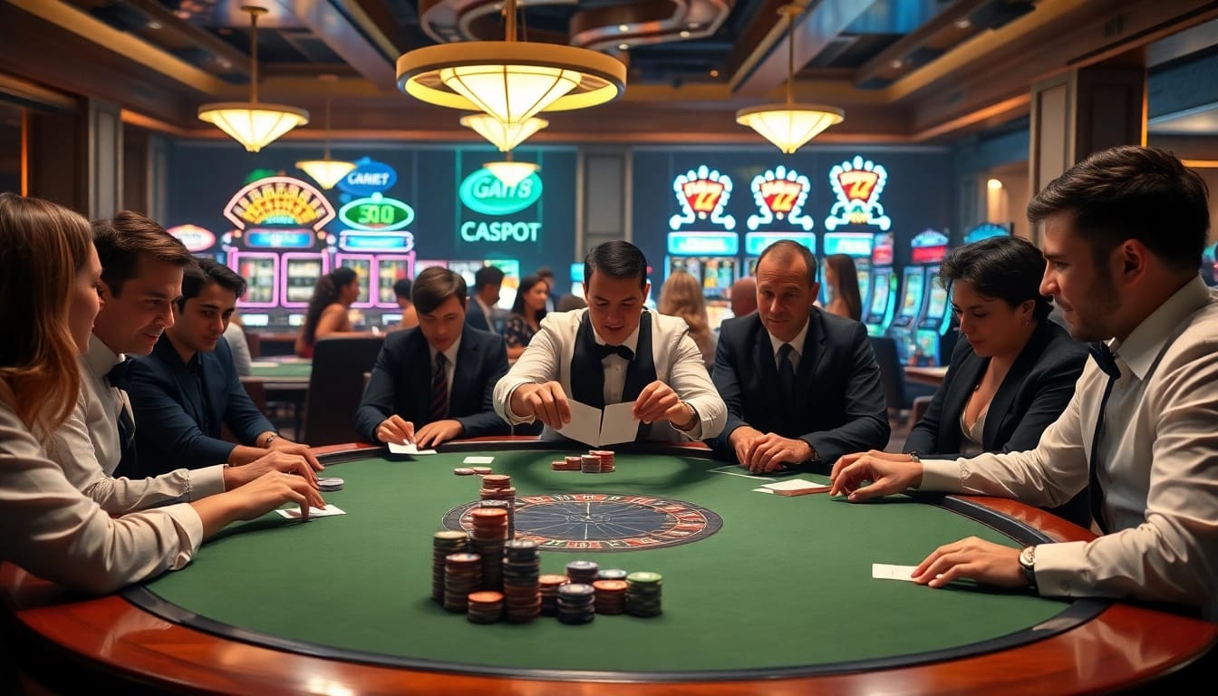 Casino scene at https://go8.live/ showcasing an intense poker game with engaged players and betting chips.