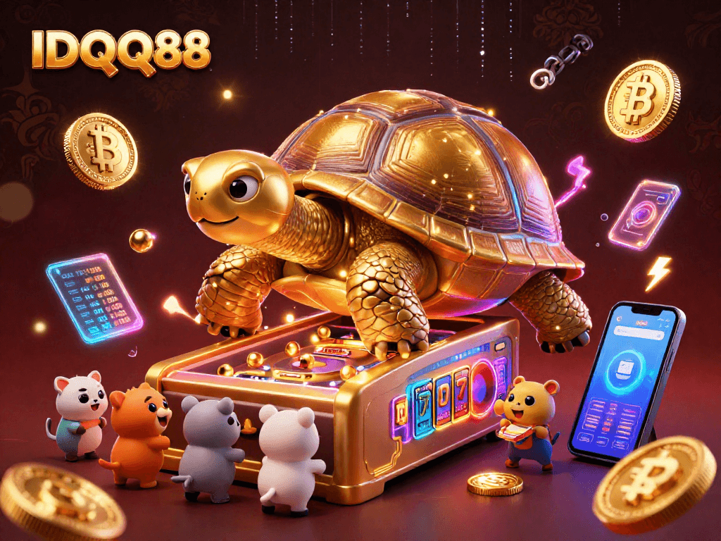Engage with IDQQ88 by exploring a vibrant 3D gambling scene featuring a playful tortoise and cryptocurrency elements.
