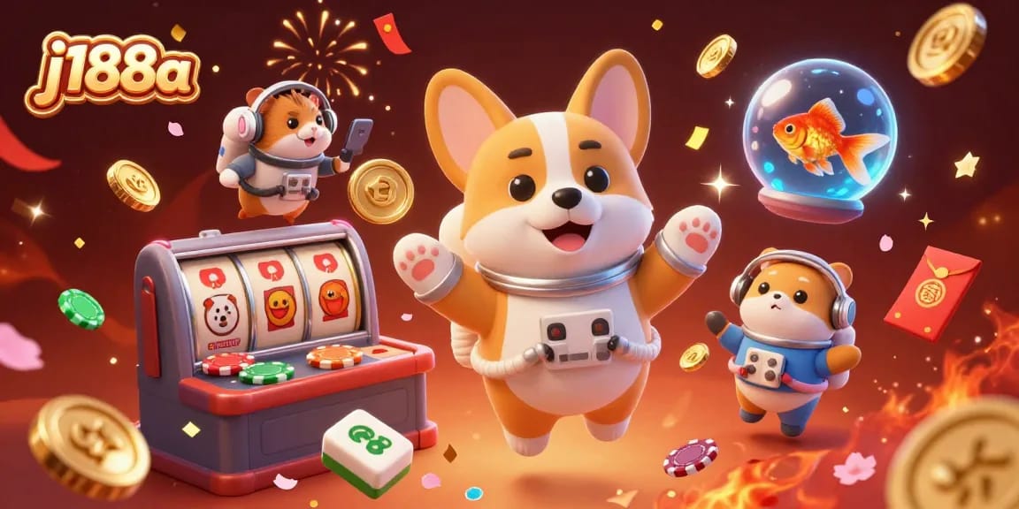 Experience the vibrant action of j188a with a 3D circus scene highlighting an astronaut corgi among casino elements.