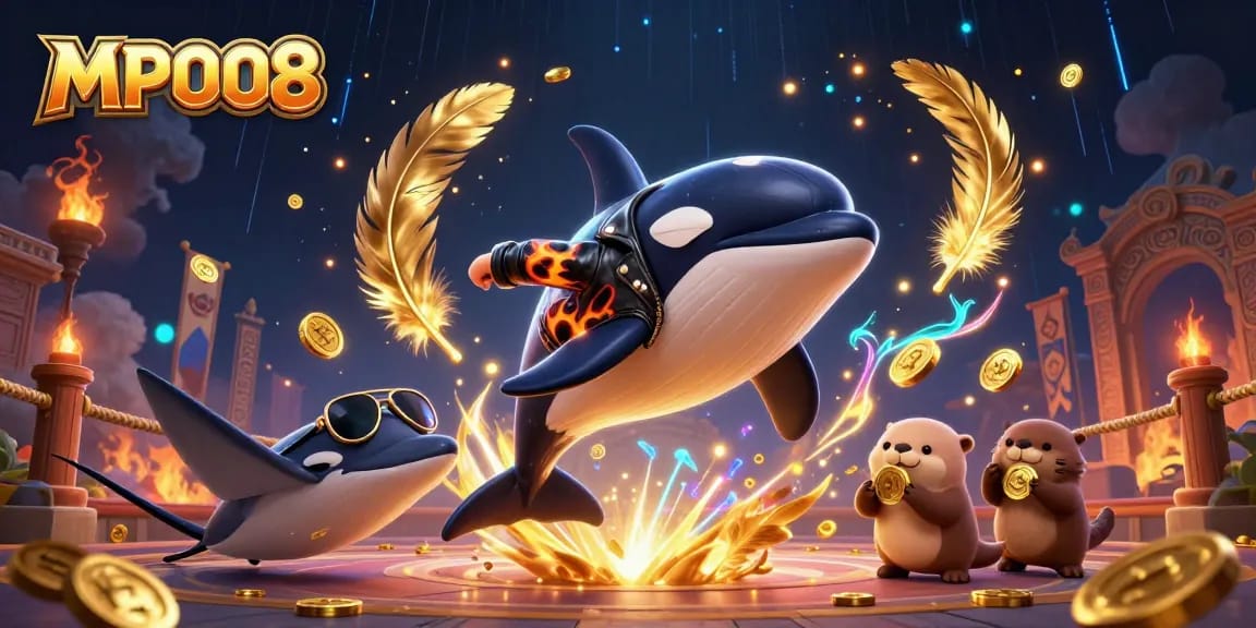 MPO08 Casino themed illustration showcasing a vibrant orca, stingray, and otters celebrating with gold coins.