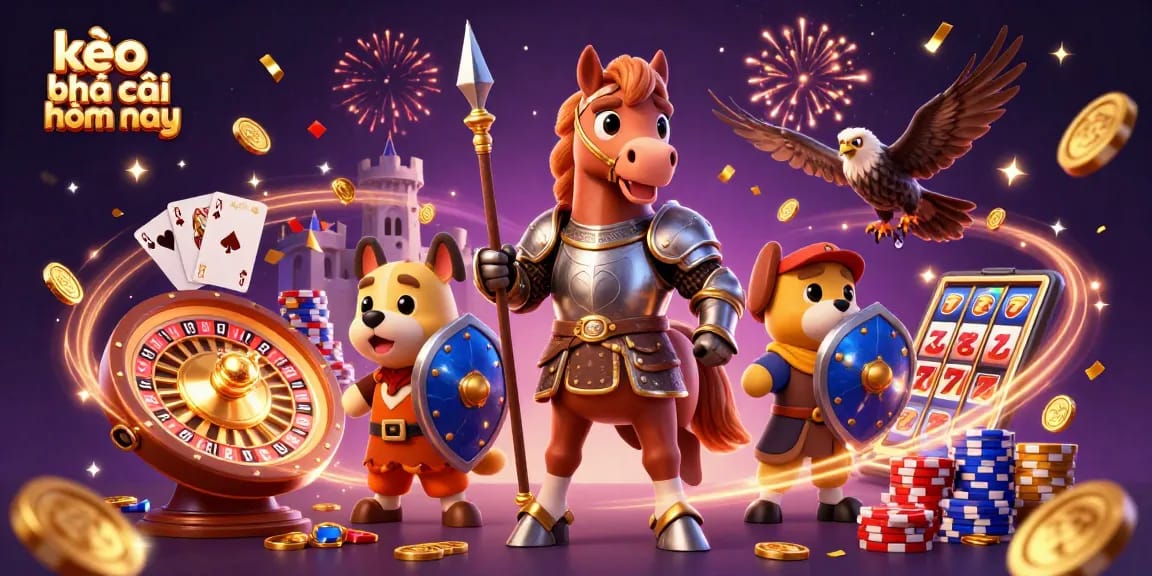 Experience the excitement of kèo nhà cái hôm nay with a vibrant 3D illustration featuring a medieval knight, a puppy squire, and dynamic casino elements.