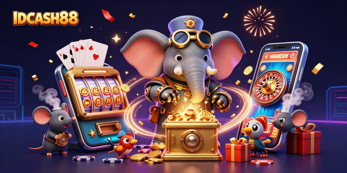 Experience exhilarating gameplay with IDCASH88, featuring a steampunk elephant engineer, gaming contraptions, and festive elements.
