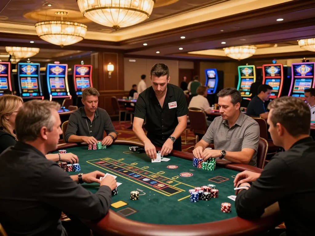 Players making strategic bets at 98win's thrilling blackjack table in a luxurious casino.