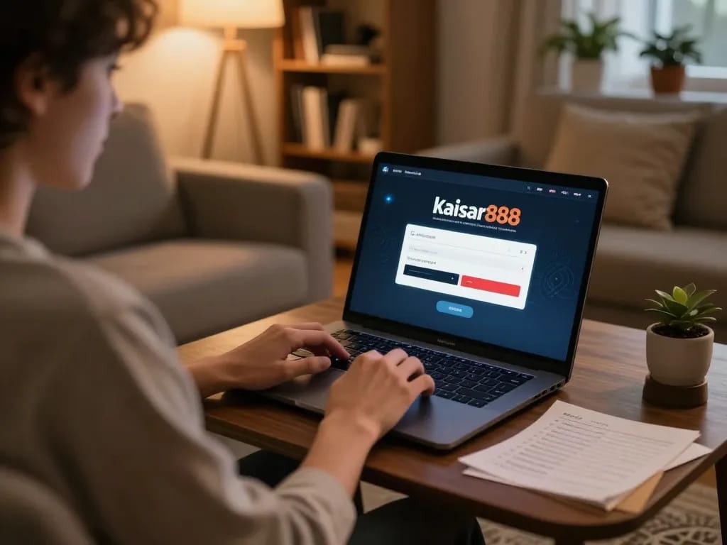 Engaging in online gambling at home with kaisar888 login visible on laptop screen.