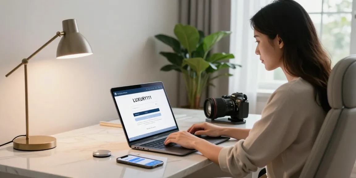 Pengguna melakukan LUXURY111 Login di laptop di kantor rumah yang elegan dengan desain modern.