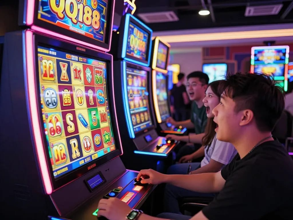 Pemain merayakan kemenangan di mesin Slot QQ188 dalam suasana kasino yang meriah.