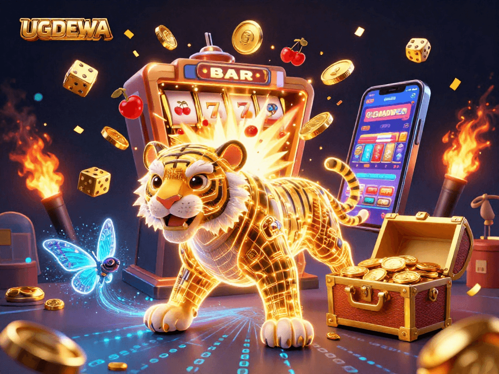 Experience the excitement of UGDEWA with vibrant casino gaming elements in a captivating 3D illustration.