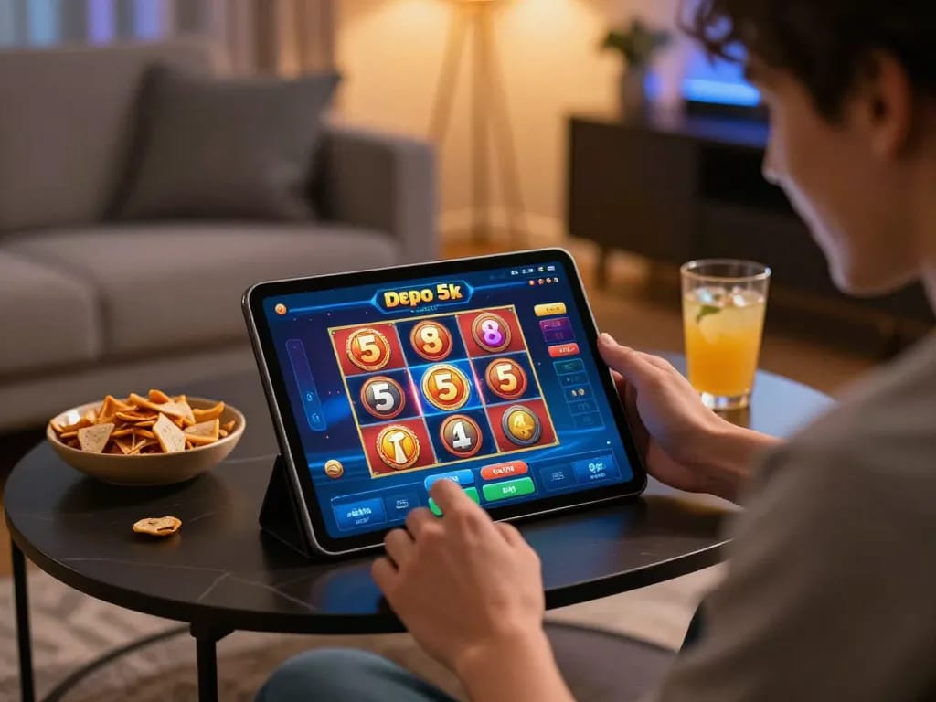 Menghadapi momen kemenangan bermain slot depo 5k di tablet dalam suasana rumah yang nyaman.