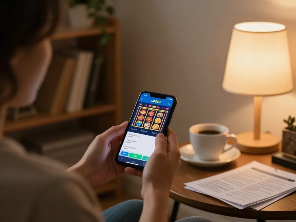LGO99 app interface displayed on smartphone during online gambling session in cozy home setup