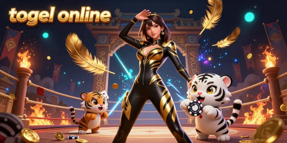 Togel online visualization showcasing a stunning woman in a black and gold catsuit with a playful baby white tiger, symbolizing dynamic gambling action.