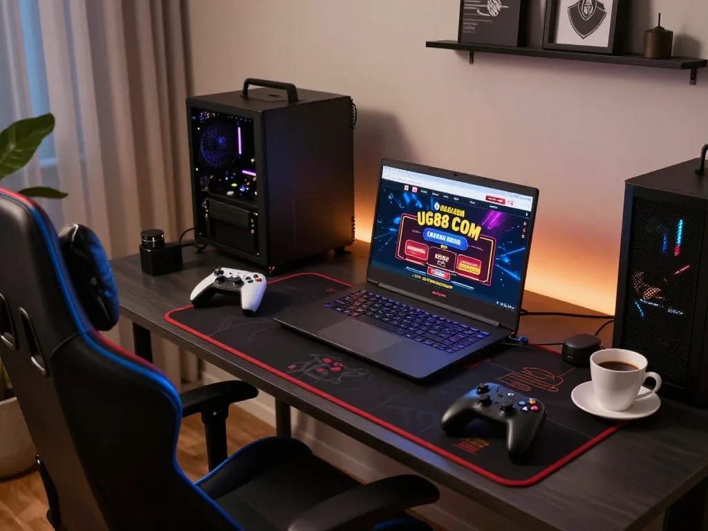 Player strategizing on UG88 COM casino site from a stylish online gaming setup, showcasing a luxurious atmosphere.