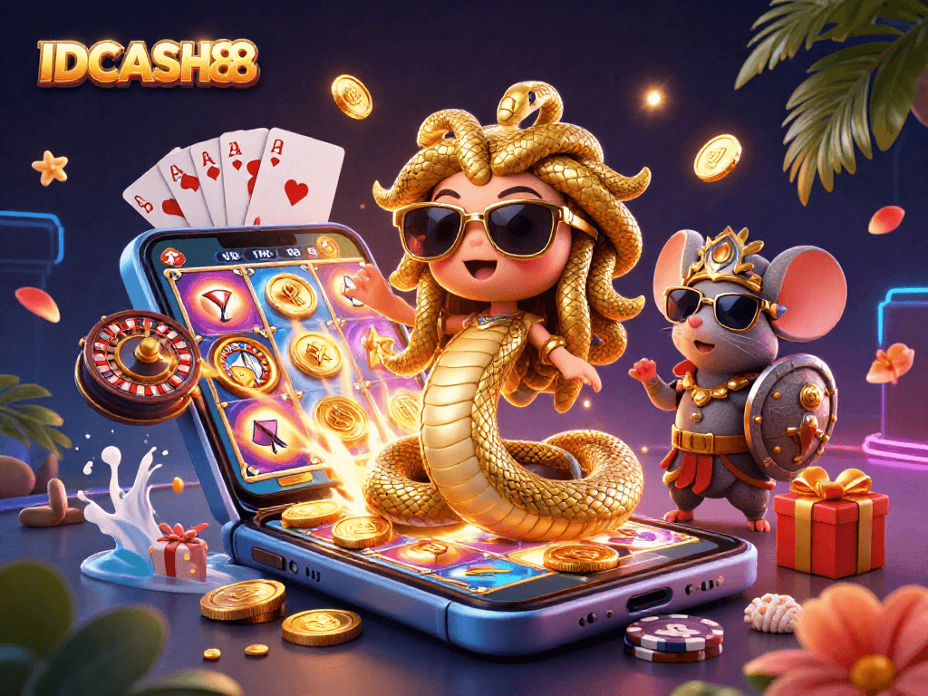 Spin the reels and win big with IDCASH88, featuring a playful Medusa, warrior mouse, and vibrant casino elements.