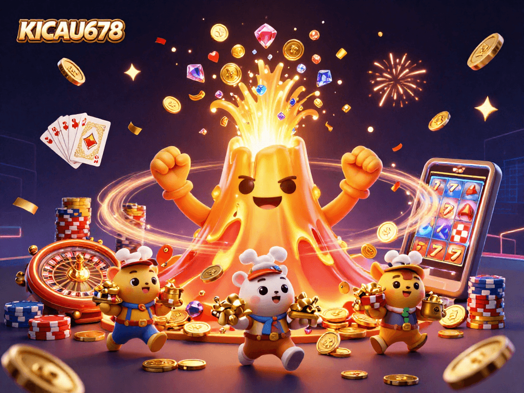 KICAU678 ignites excitement with a golden volcano erupting treasures in a vibrant casino scene.