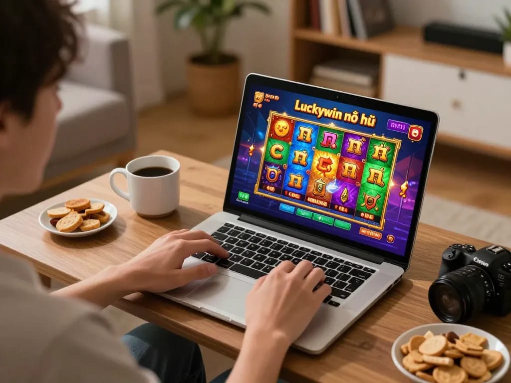 Engaging gameplay of Luckywin nổ hũ displayed on a laptop in a cozy home setting with snacks and a warm atmosphere.
