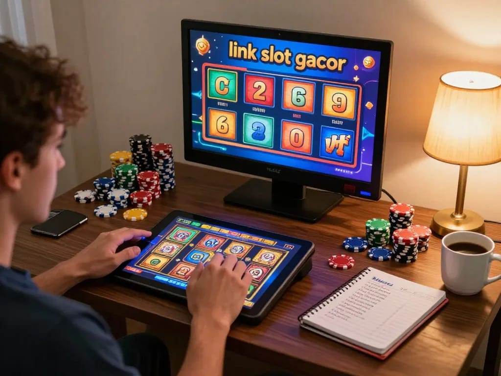 Player enjoying link slot gacor game on tablet in cozy home atmosphere with colorful chips.