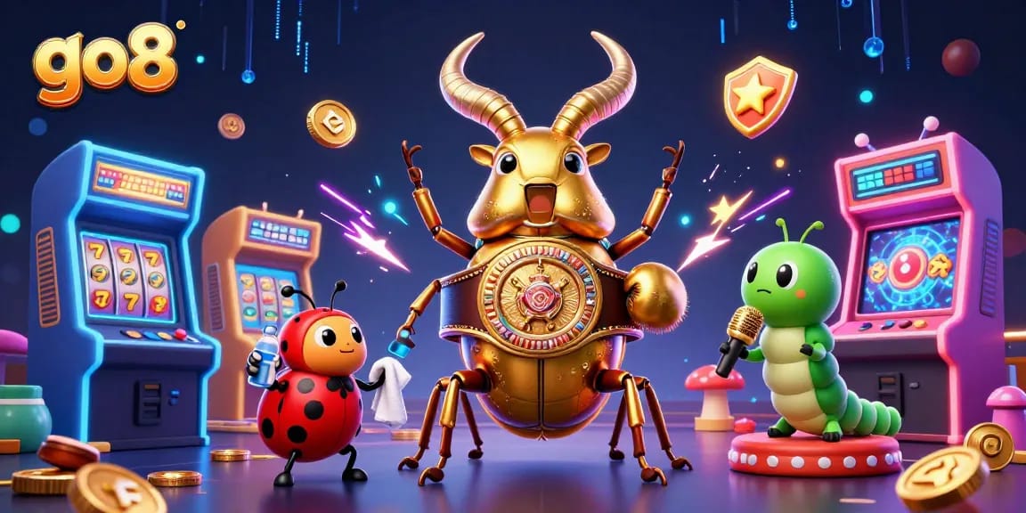 Play exciting casino games at go8 with a vibrant 3D illustration featuring a golden stag beetle and gaming elements.