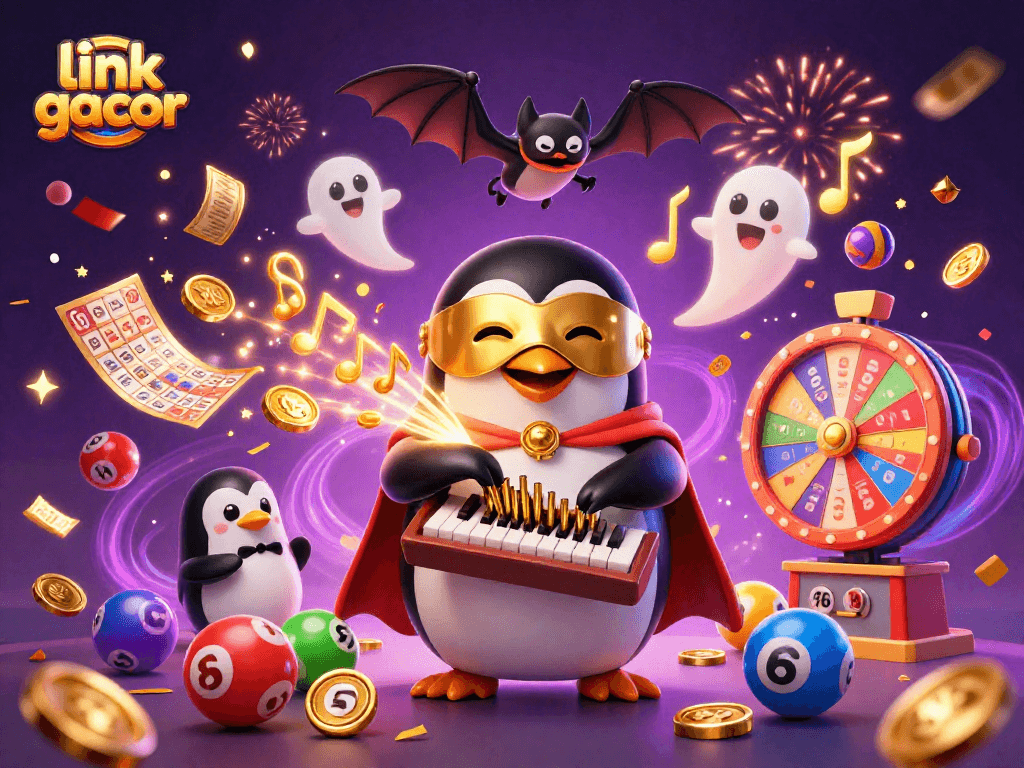 Experience wins with link gacor as a penguin plays a golden organ amidst vibrant casino elements.