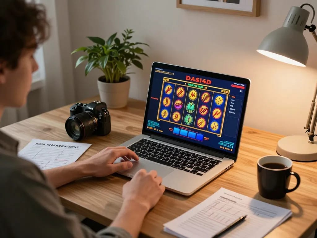 Pemain memutar gulungan slot dasi4d di laptop, menunjukkan pengalaman bermain game online yang menarik.