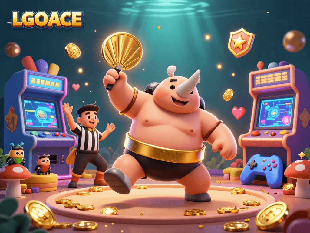 LGOACE showcases a vibrant 3D casino scene with beetle champions and arcade elements.