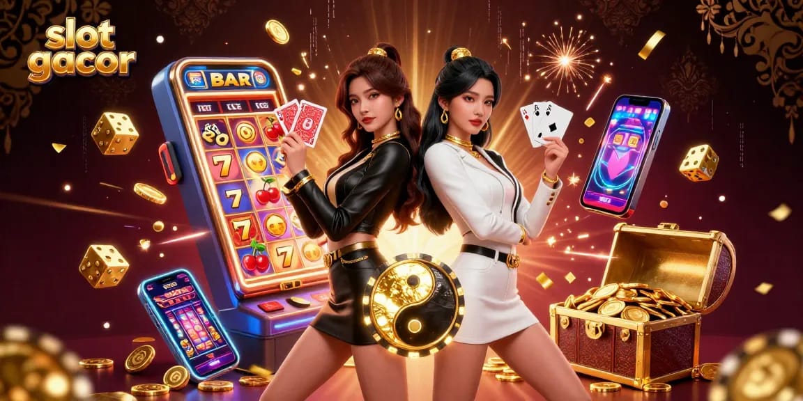 Experience the excitement of slot gacor with dynamic twin Asian women in a vibrant casino scene.