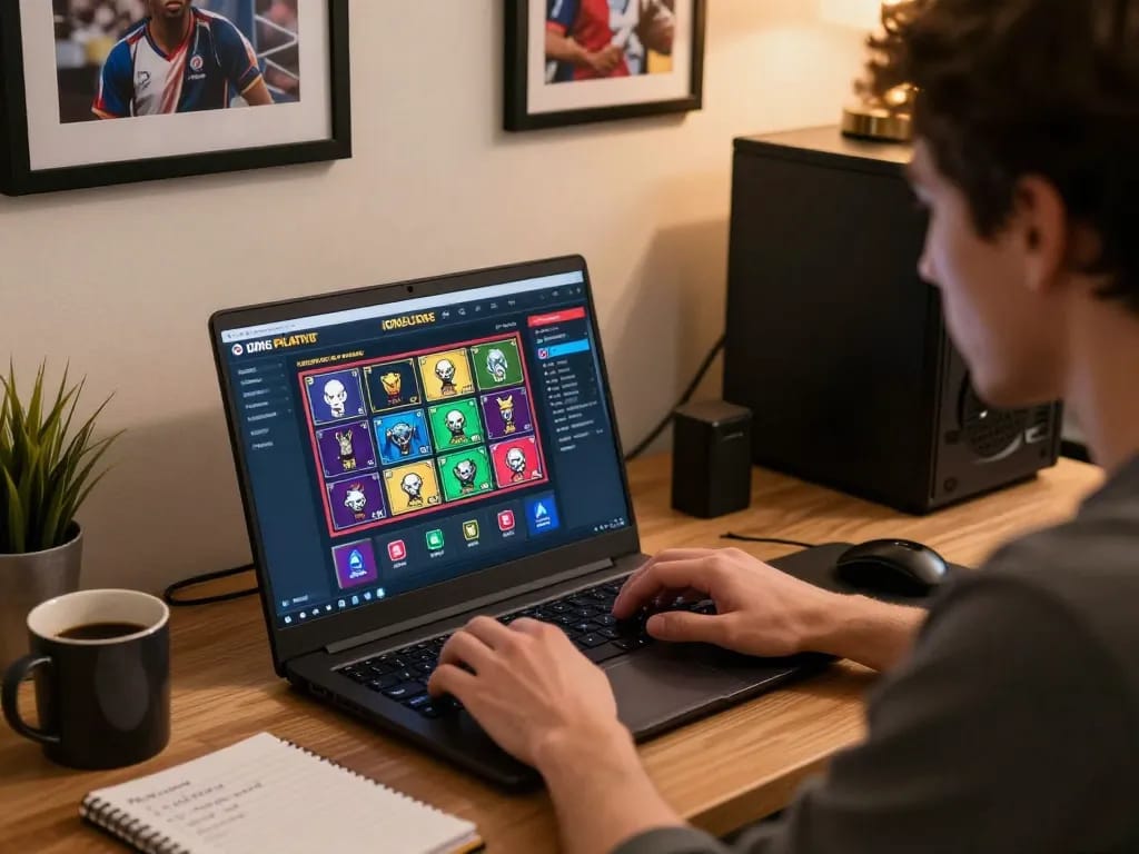 IDNSCORE user engaged in online slots gameplay, focused on laptop in a stylish home office.