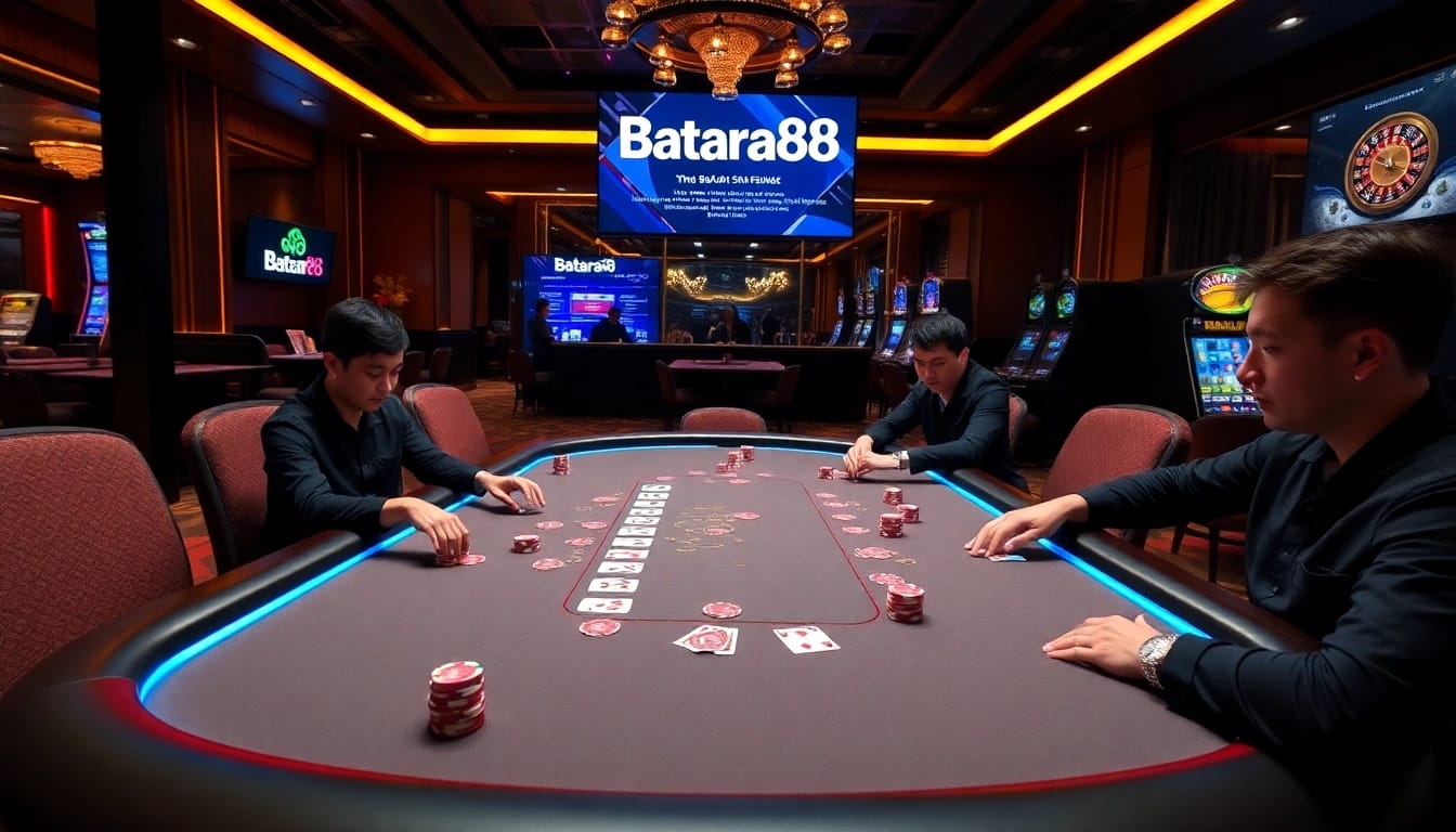 Experience the thrill of Batara88 online gambling with luxurious casino elements and vibrant game action.