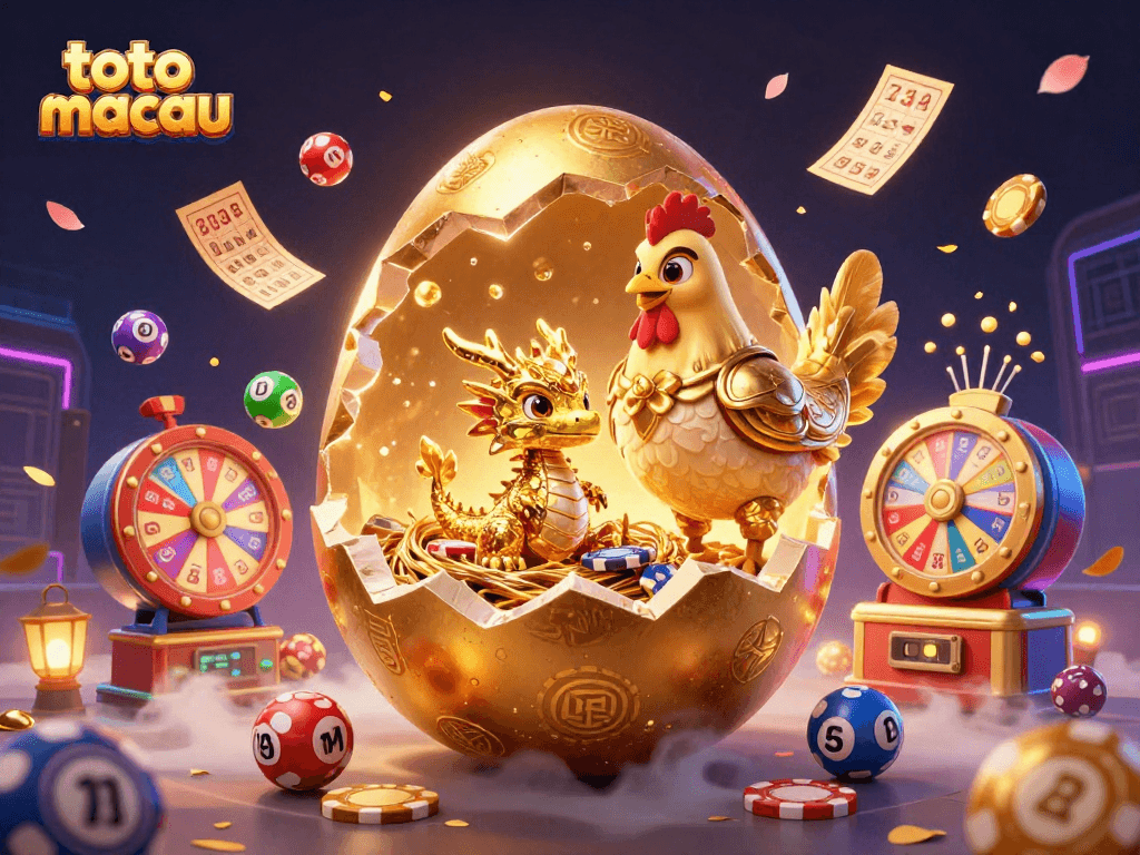 Experience thrilling toto macau action with golden dragon and festive lottery elements in this vibrant casino scene.