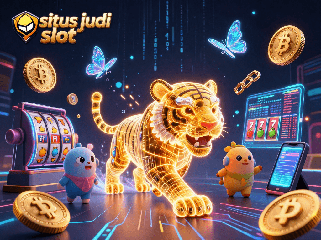 Menggambarkan situs judi slot dengan simbol slot dan jackpot, mengundang pemain ke dalam suasana kasino.