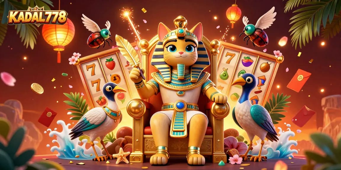 Play exciting slots with KADAL778 in a vibrant casino scene featuring golden thrones and festive elements.