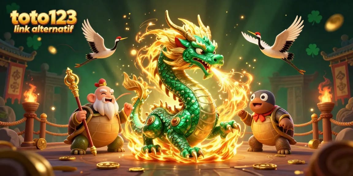 Join the excitement at toto123 link alternatif with the mystical jade dragon and lucky cranes in a vibrant casino scene.