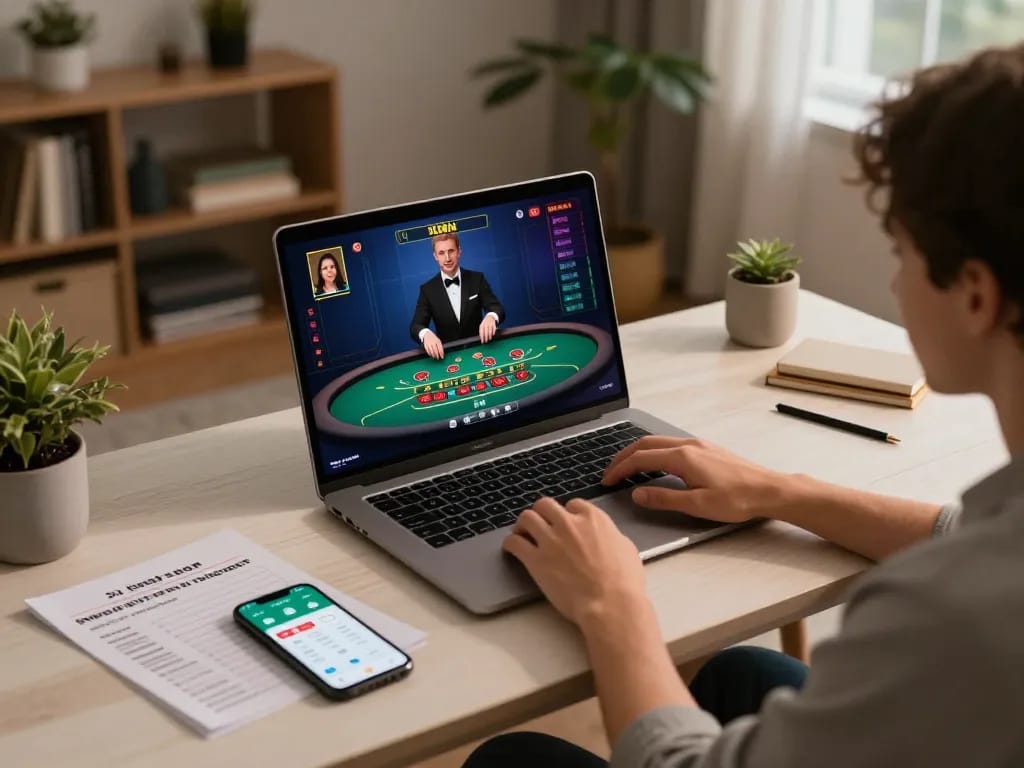 Kuwin player engaging in live dealer games at home with laptop, showcasing interactive blackjack table.