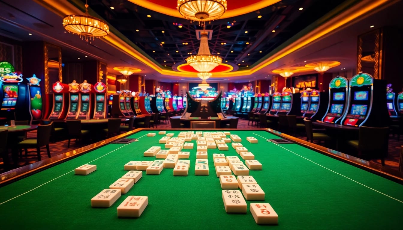 Permainan link bossmahjong yang mendebarkan di meja kasino dengan pemain fokus dan suasana mewah.