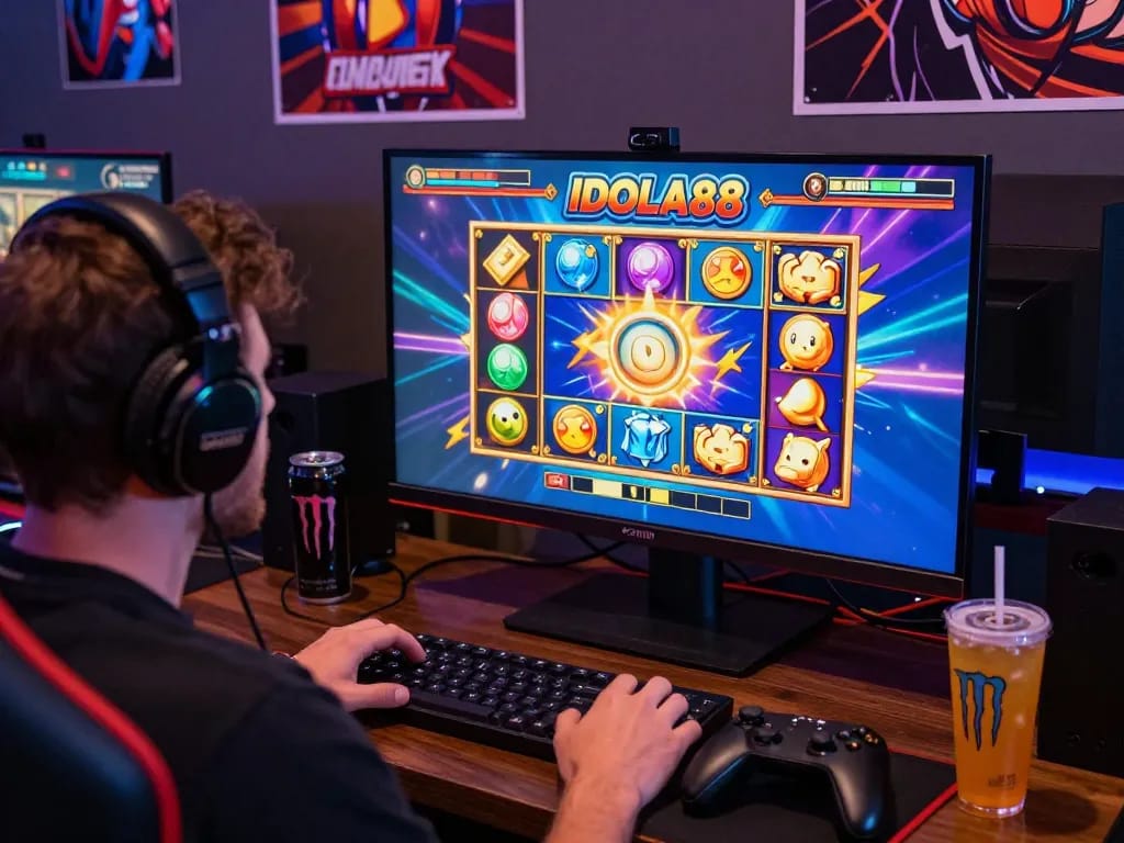 IDOLA88 online slot gaming experience with vibrant interface and accessories.
