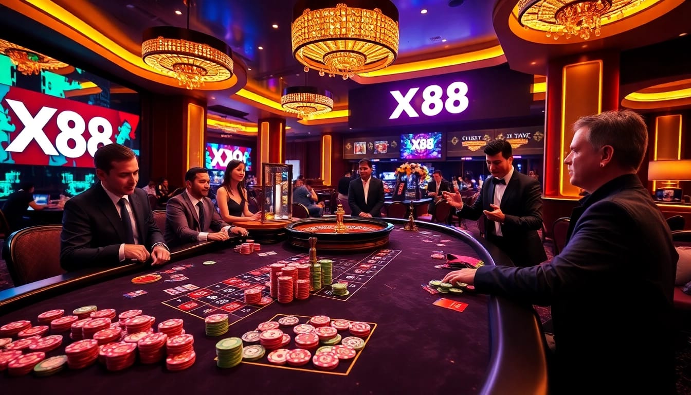 Players engage in high-stakes gambling at XX88's upscale casino table amidst vibrant lights.