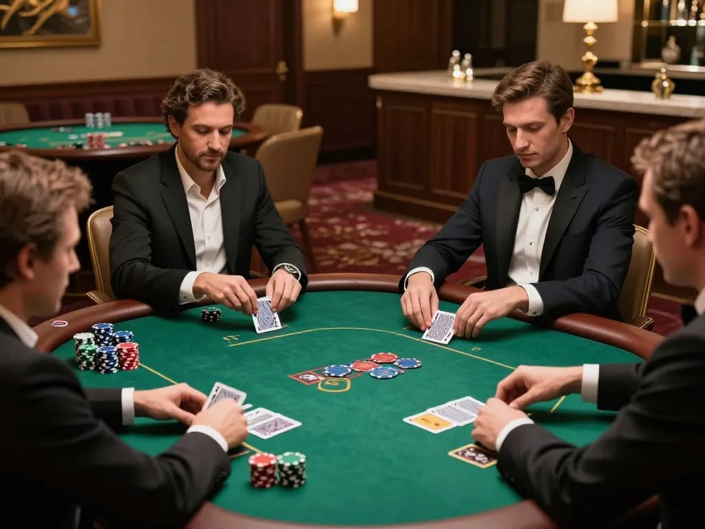 Dynamic poker game at LGOGOAL with focused players and vibrant chips visible.