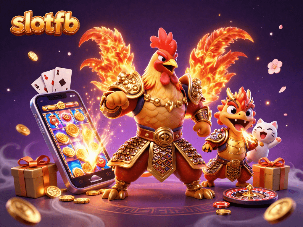 Experience vibrant action at slotfb with a stunning 3D scene of a rooster warrior and dragon amidst gambling elements.