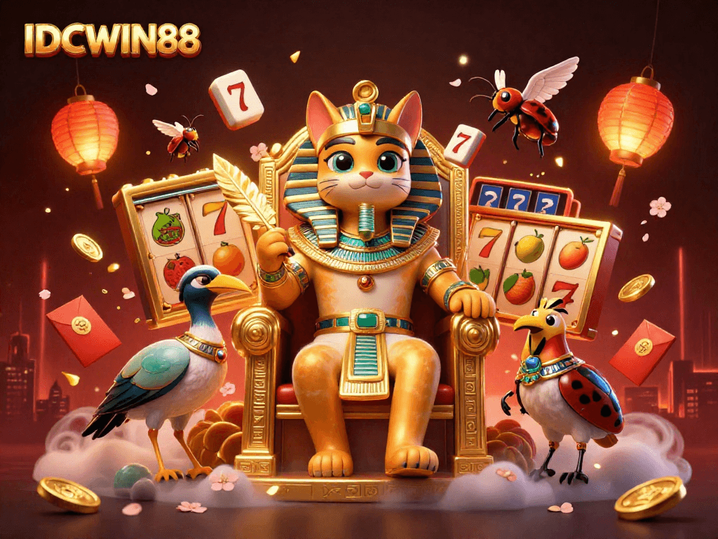 Experience winning strategies with IDCWIN88 featuring a golden pharaoh cat in a vibrant casino scene.