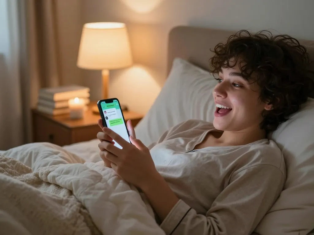 Engaging scene of AI sexting in a cozy bedroom, with a person enjoying playful chat on their smartphone.